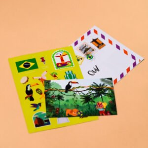 Fanned stack of bright travel posters with stamps and tropical jungle artwork on a peach background.