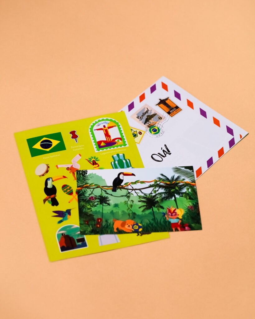 Fanned stack of bright travel posters with stamps and tropical jungle artwork on a peach background.