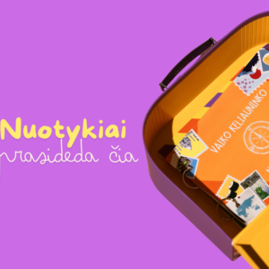 Bright purple banner with yellow text saying 'Nuotykiai prasideda čia' beside an open yellow suitcase filled with travel stamps, suggesting kid-friendly adventuresart.