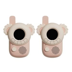 Pair of pink toy walkie-talkies with fluffy koala-ear accents and large circular speaker fronts facing forward.