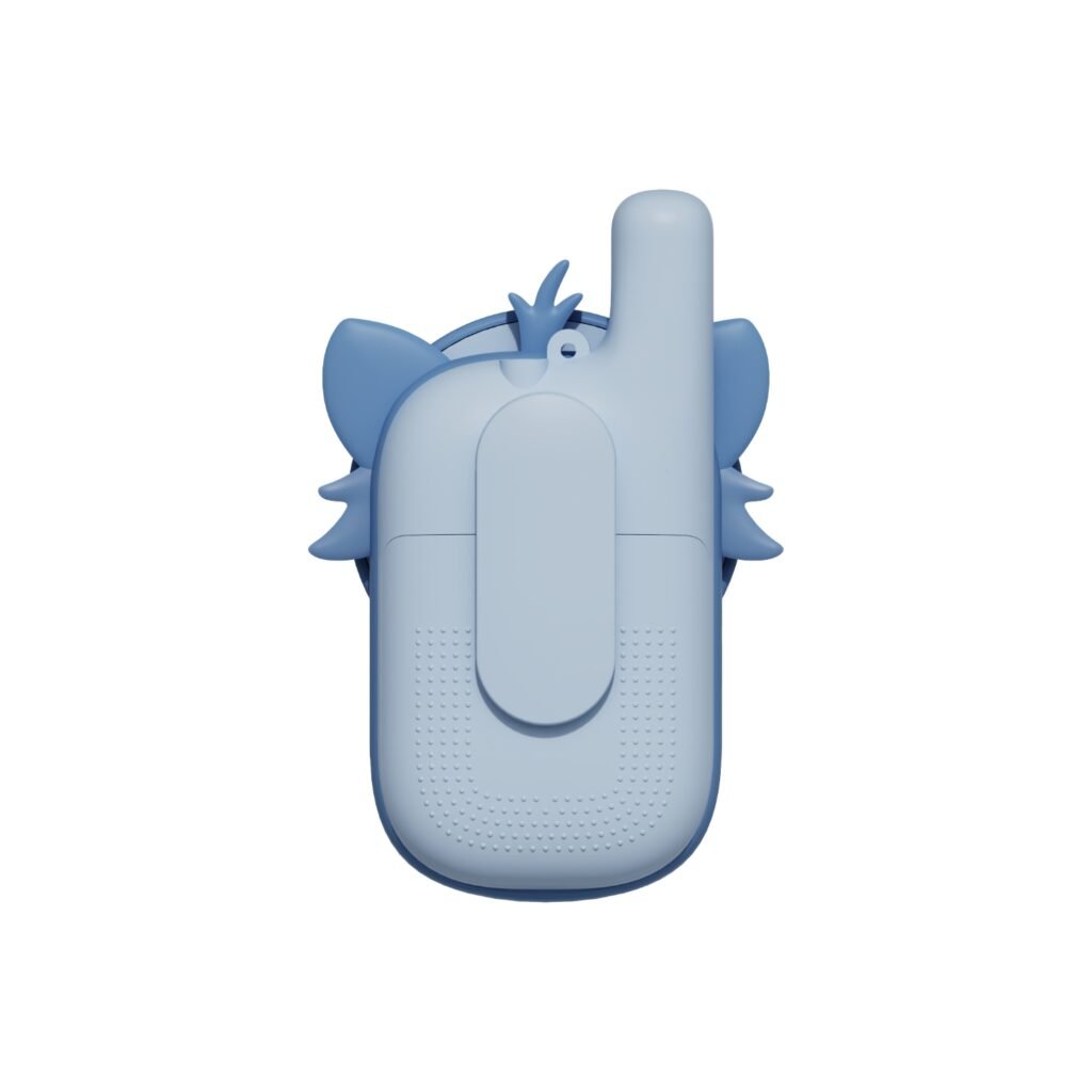 Top view of a blue handheld gadget with a tall cylindrical nozzle and textured grip.