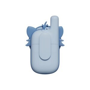 Top view of a blue handheld gadget with a tall cylindrical nozzle and textured grip.