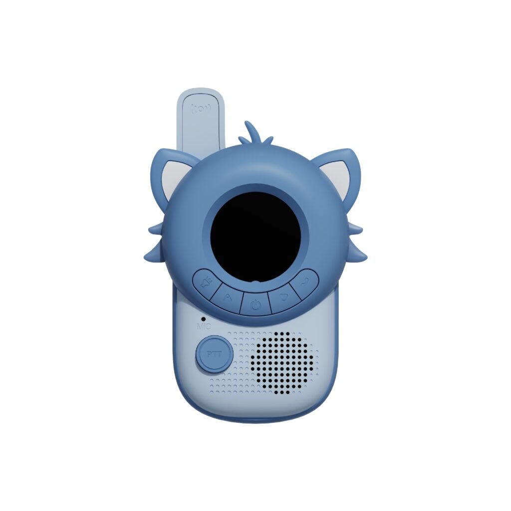 Blue dragon-themed handheld toy with a large circular black screen in the center, ears on the sides, and a row of buttons along the base edge.
