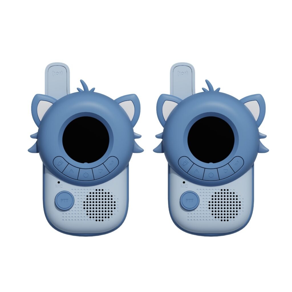 Two blue cartoon‑animal walkie‑talkies facing forward, each with a large circular black screen and button panel at the bottom.
