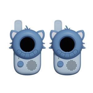 Two blue cartoon‑animal walkie‑talkies facing forward, each with a large circular black screen and button panel at the bottom.