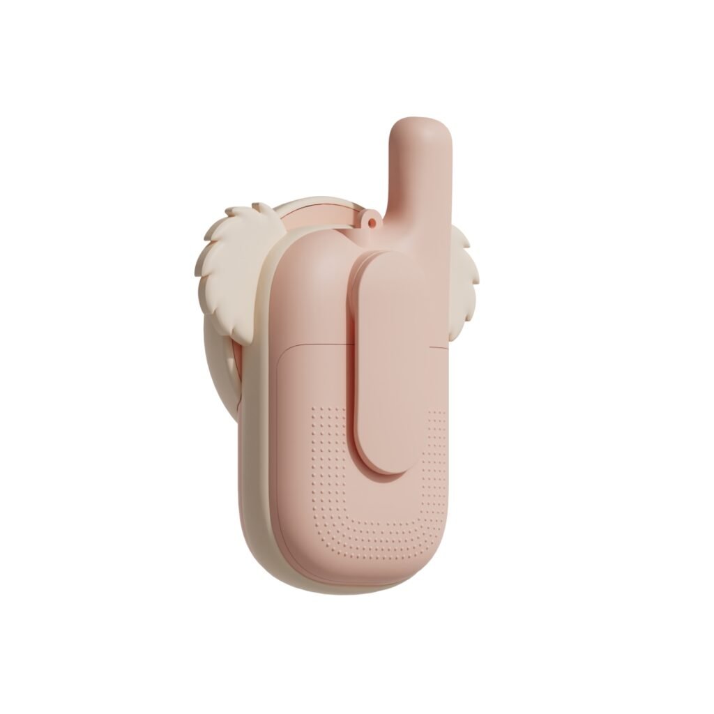 Pink behind-the-ear hearing aid with a soft silicone earmold, shown in a close-up view.