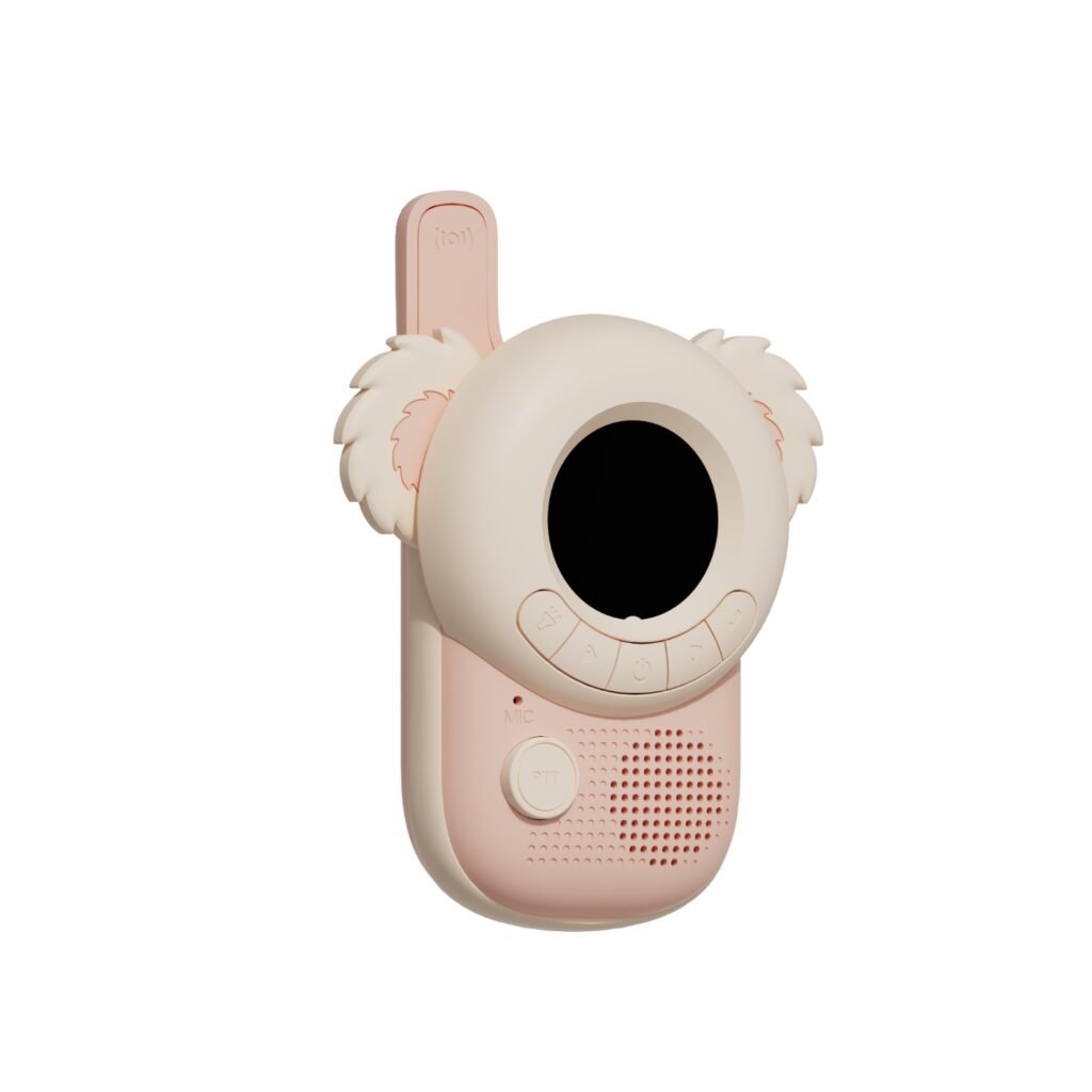 Pink children's toy camera with a large round screen and fluffy ear decorations (pastel pink)