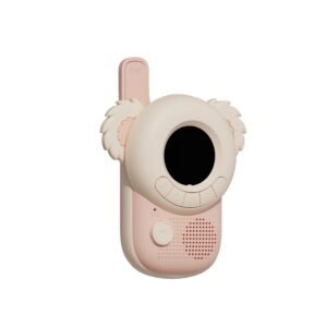 Pink children's toy camera with a large round screen and fluffy ear decorations (pastel pink)