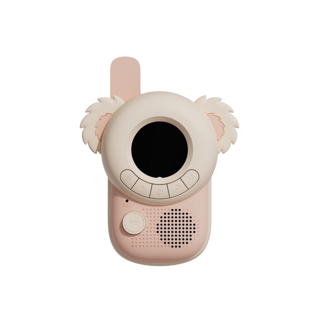 Pink handheld toy device with a round screen face and fluffy koala ears, resembling a cute digital toy for kids.